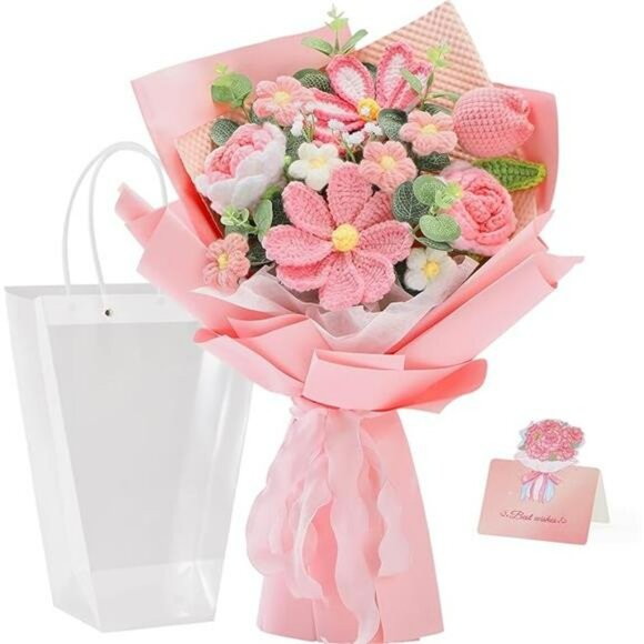 Crochet Flower Bouquet Handmade Pink Knitted Tulips Roses Gifts for Birthday Mot - Picture 7 of 7